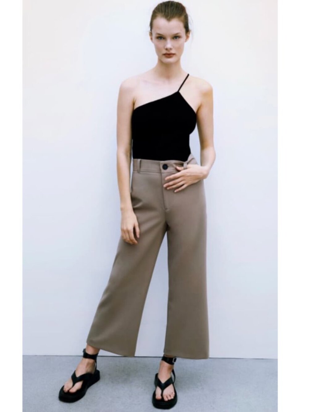 Zara The Sailor Fit High Waisted Wide Leg Culottes Womens XS Taupe Brown Zip
